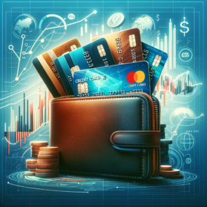 A wallet with multiple credit cards against a backdrop of financial symbols and graphs, representing the concept of credit card balances and financial management