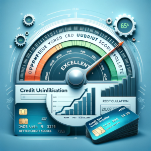 A credit score gauge with a range from poor to excellent, a credit card, and a graph showing credit utilization ratio, highlighting the impact on credit scores.