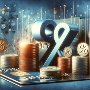 An artistic representation showing different sized coins and a large percentage symbol against a backdrop of credit cards, visually interpreting the concept of credit card fees, APR, and the financial responsibilities associated with credit card usage.