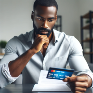 Realistic image of an attractive black man in his thirties, seated at a table and closely examining his credit card statement in a bright, modern home setting.