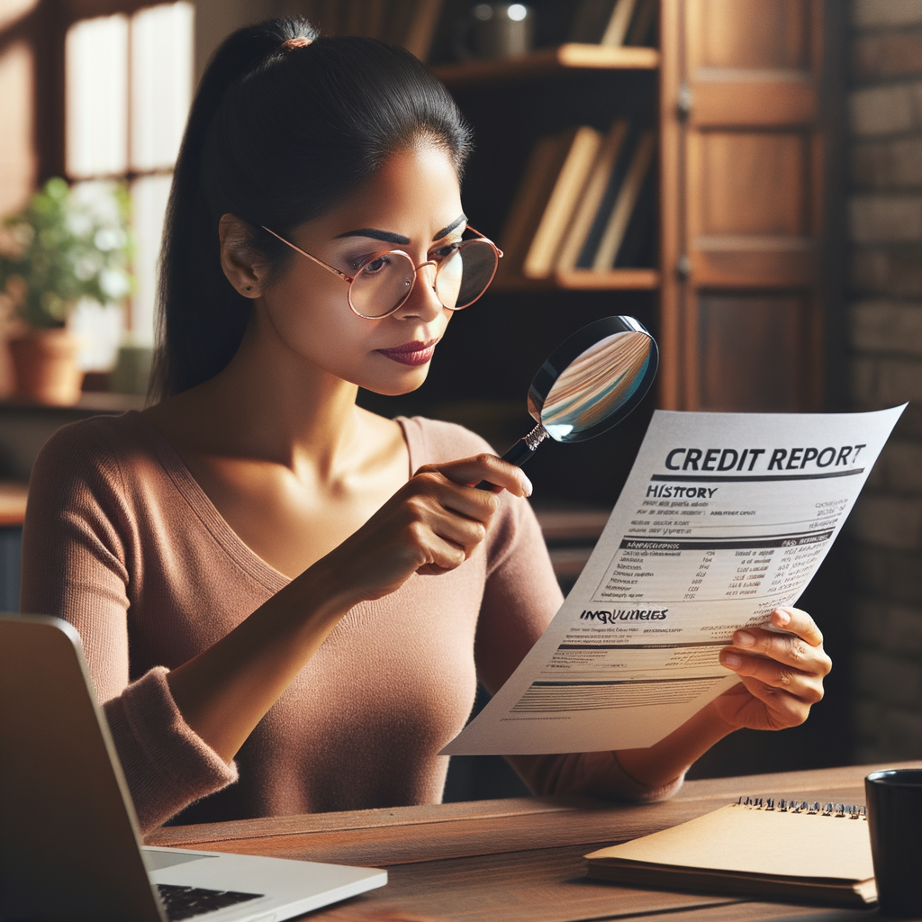 Person reviewing a detailed credit report with magnifying glass and laptop