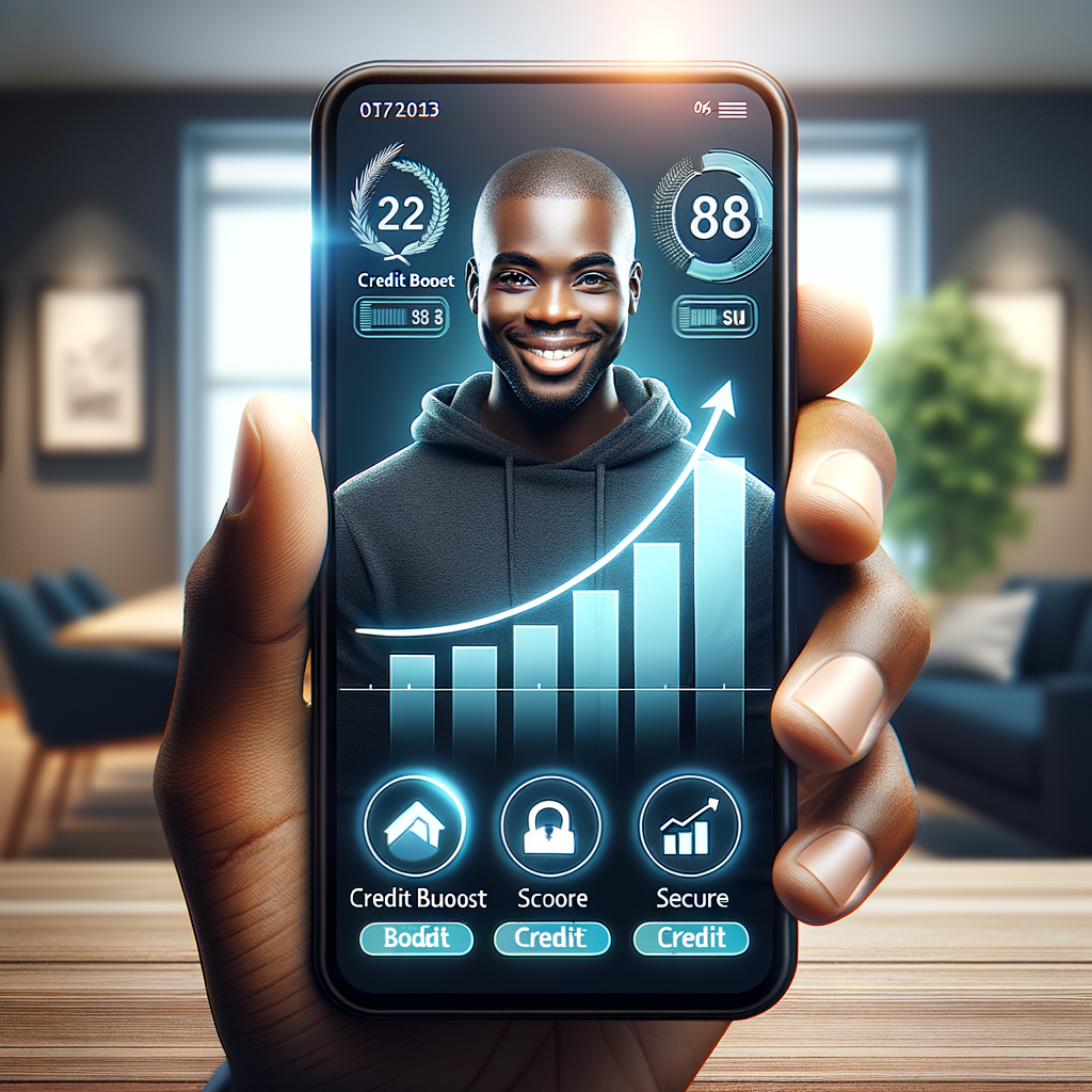 Smartphone displaying credit-builder apps and graphs rising upward